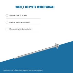 Wkręt do płyty warstwowej Info-GLOBAL AR6 W CSG 5,5/6,3×150 mm, bez lakieru, 100 szt.